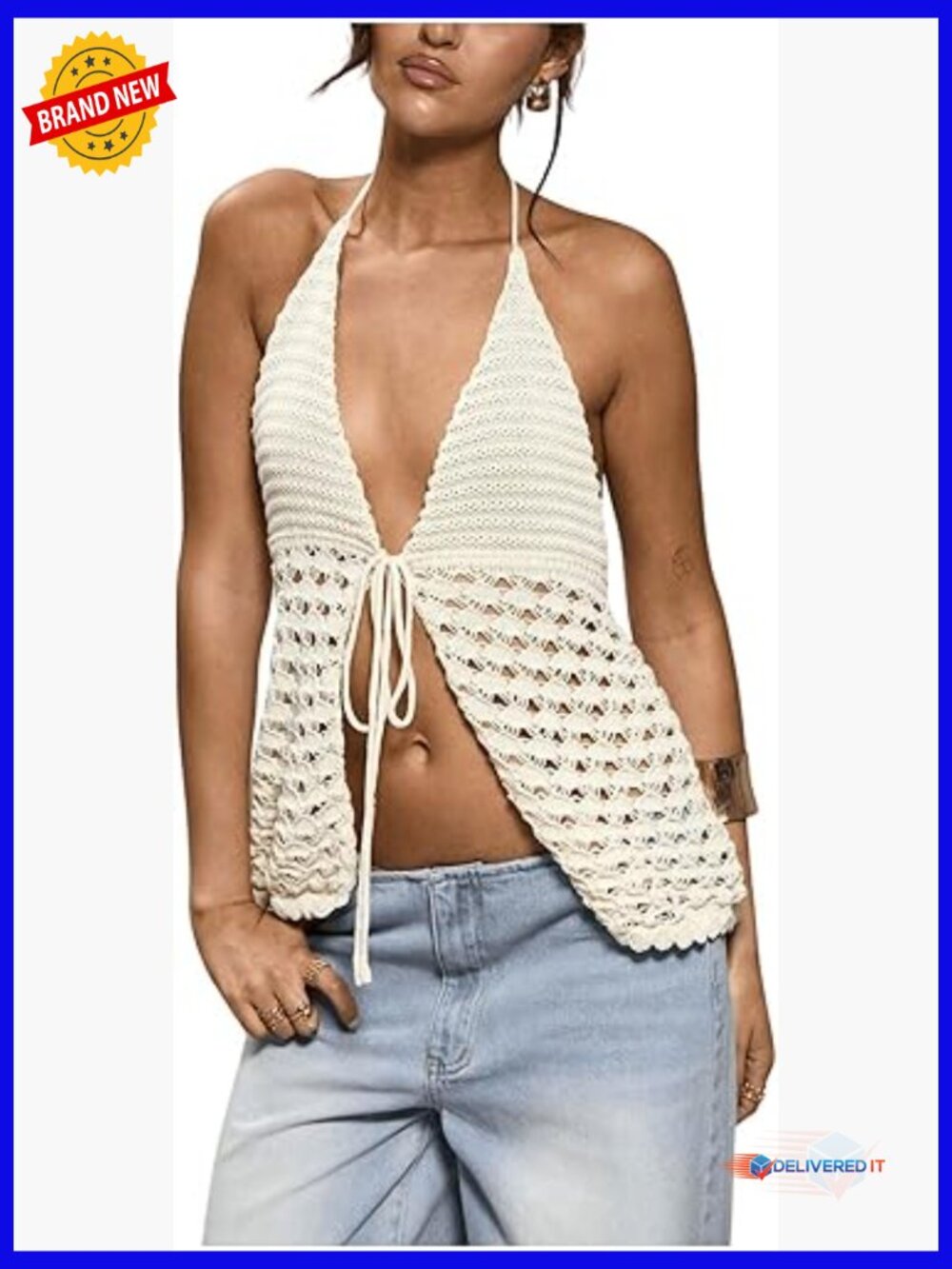 Y2K Halter Knit Crop Top Sleeveless Tie Front Hollow Out Camisole